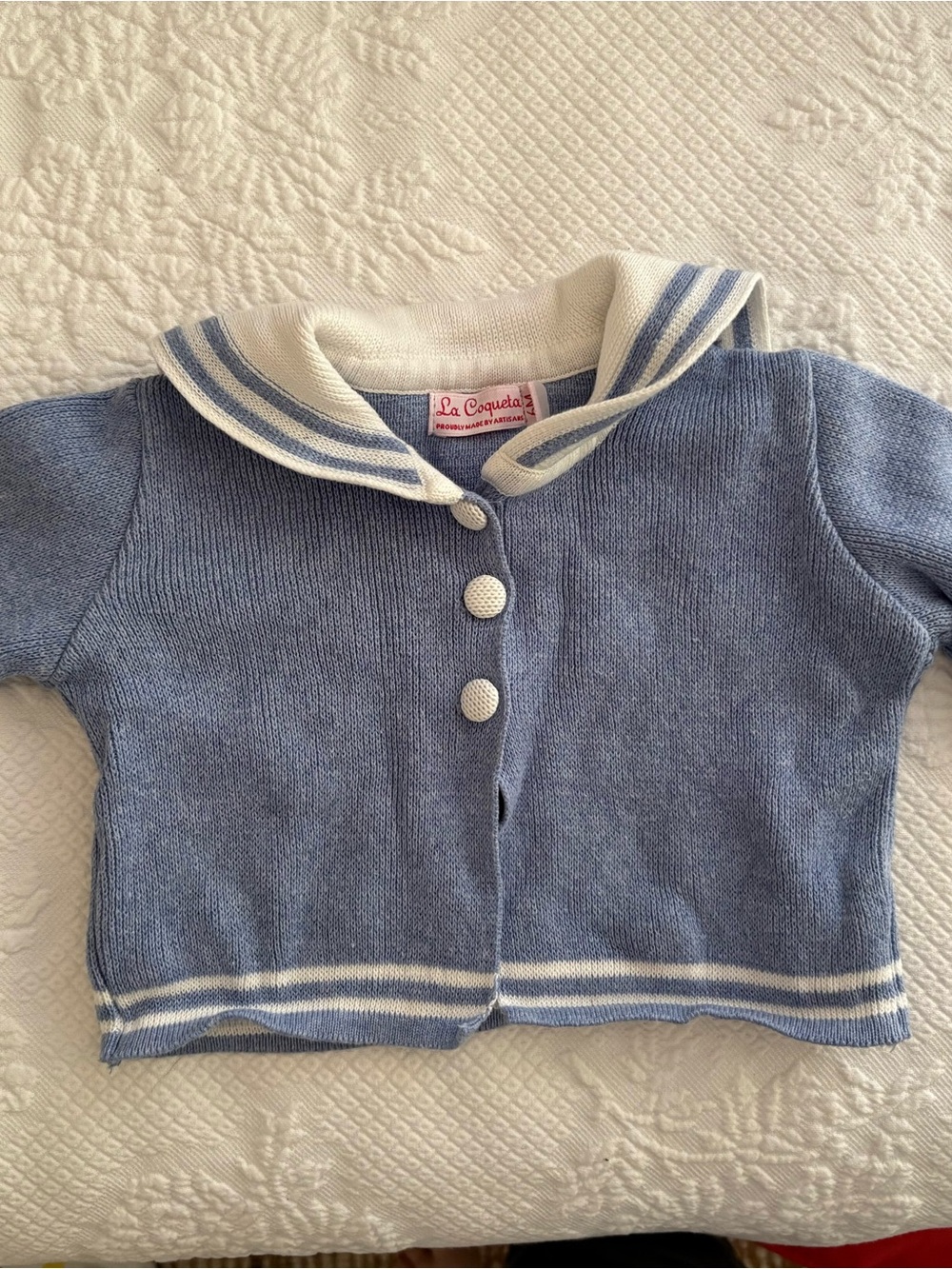 La Coqueta Light Blue Knit Cardigan with White Trim